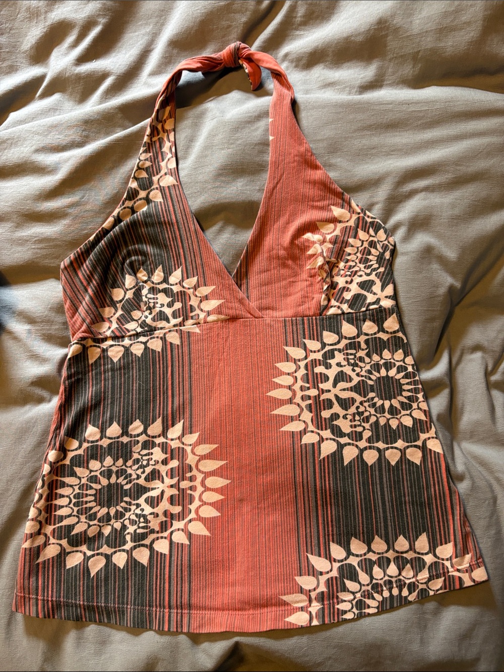Patagonia Halter salmon and gray with Cream Floral Medallions